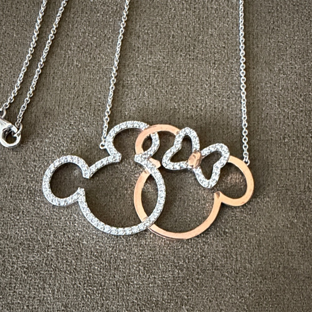 Disney Mickey Minnie Interlock Silver Rose Plate 18” CZ Necklace NEW 90 yrs